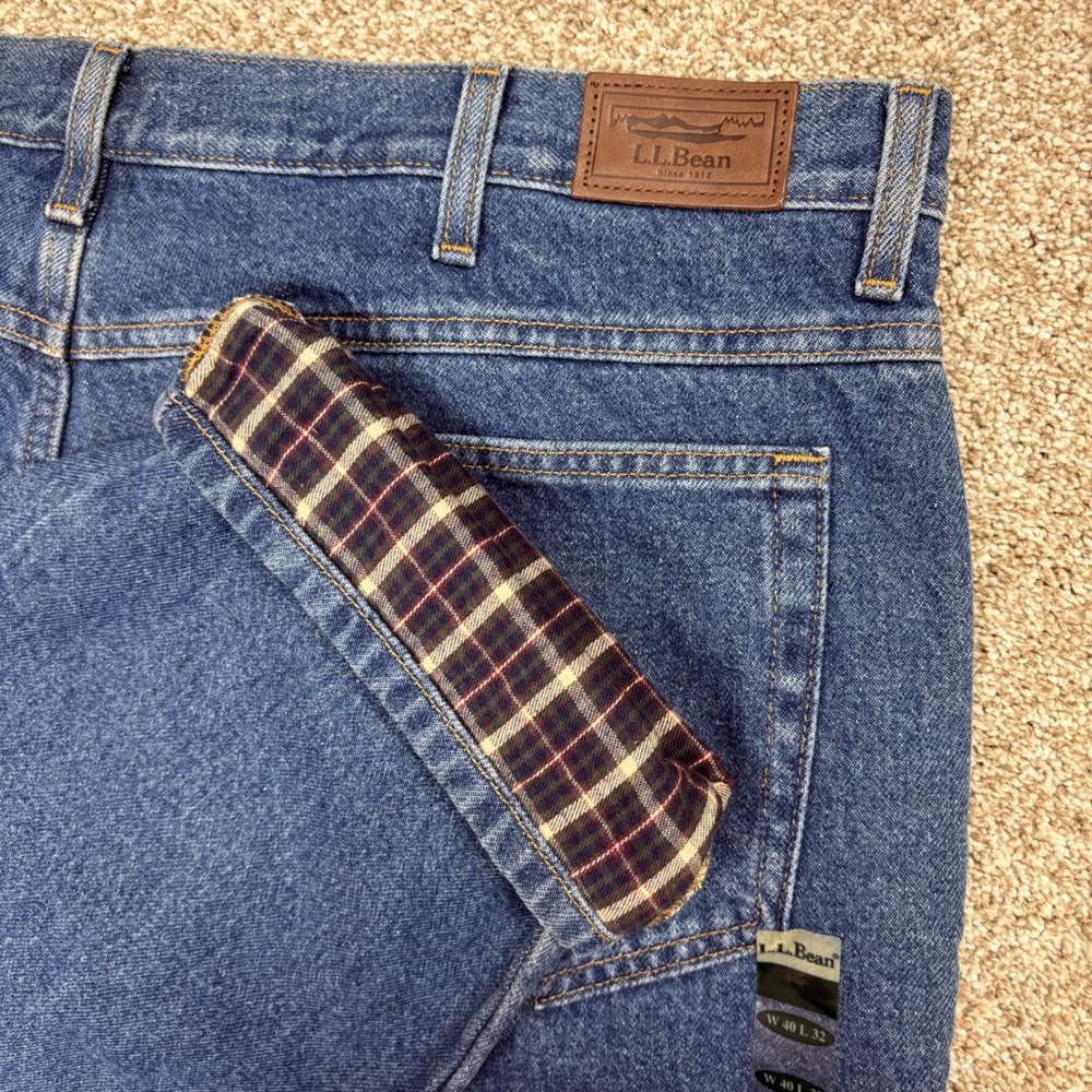 NEW LL Bean Flannel Lined Jeans Mens 40x32 Blue Natural Fit Plaid Lined Denim